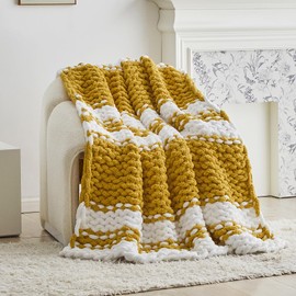 Longhui Bedding Handmade Chunky Knit Blankets, Luxurious Chenille Cable Knit Throw Blanket Yarn for Couch Sofa and Bed, Ultra Soft Decorative Mustard Yellow Christmas Blanket, Machine Washable 51 x 63