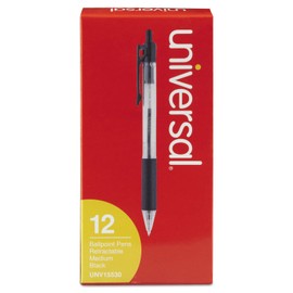 Universal 15530 Economy Retractable Ballpoint Pen, Black Ink, Clear, 1mm, Dozen
