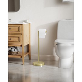 BWE Brushed Gold Toilet Paper Holder Stand, SUS304 Stainless Steel Modern Free Standing Toilet Paper Holder for Bathroom and Washroom with Heavy Weighted Base