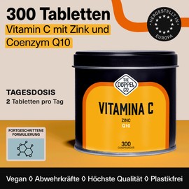 Vitamin C 1000 mg + 20 mg Zinc + 40 mg Q10 per Daily Dose - 300 Tablets - Vitamins Against Fatigue and Exhaustion - For the Immune System and Defense - Highly Concentrated Pure Vitamin C