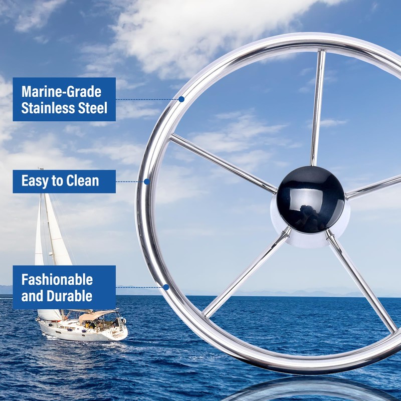 Amarine-made13-1/2 Inch 5-Spoke Destroyer Style Stainless Boat Steering Wheel