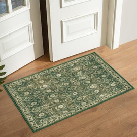 Woodbruy Floral Rugs For Entryway, 2x3 Kitchen Rugs Non Slip Washable 2X3 Rug Vintage Carpet Stain Resistant Small Green Ultra-Thin Low Pile Rug For Bedroom Decoration Indoor Door Mat Dark Green/Beige