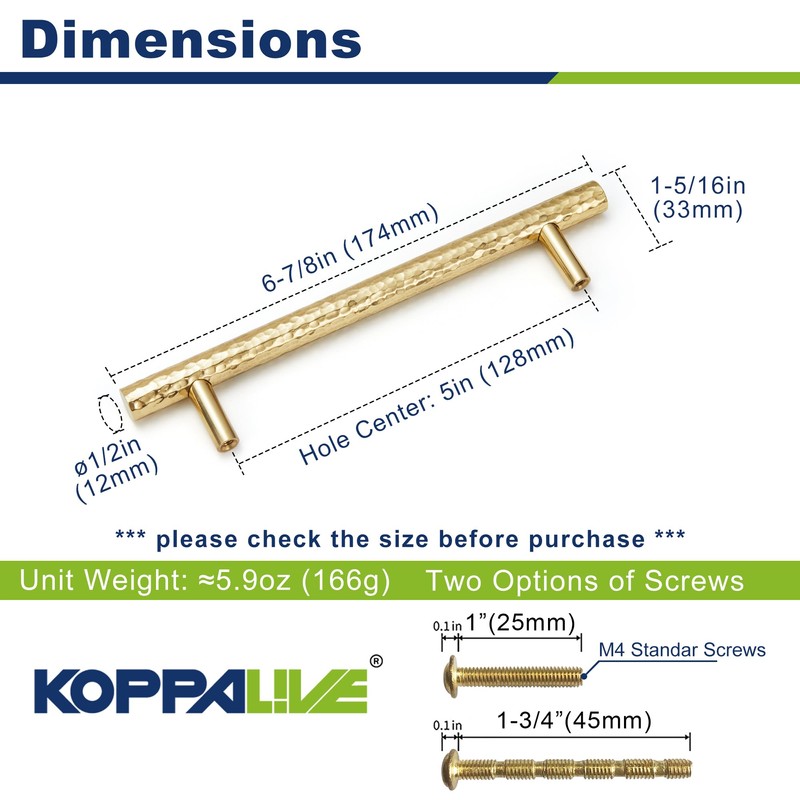 KOPPALIVE 2-Pack Solid Brass Kitchen Cabinet Pulls, Gold Modern T-Bar