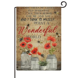 Garden Flag 12x18in, Vintage Poppy What A Wonderful World Bee Welcome Flag Vertical Double Sided, Outdoor Spring Decoration Farmhouse Small Flag for Yard Lawn Home Decor 12x18in