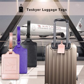 Teskyer Pack of 3 Luggage Tags, PU Leather Luggage Tags for Suitcases, Luggage Labels with Name ID Card, Noticeable, Durable, Travel Accessories, Rose Gold Purple Black