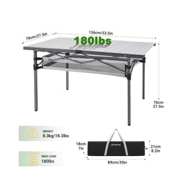 KingCamp Spacious Tabletop Area Aluminum Compact Roll 4-6 Person Stable Adjustable Feet Table with Carry Bag for Outdoor Camp Picnic, Black/Siver_53.5"×27.5" with Storage Layer