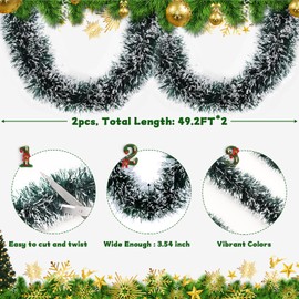 BLEUM CADE 2Pcs 98.4Ft Christmas Tinsel Garland, Green Tinsel Garland with White Tip for Xmas Tree Decorations Holiday Birthday Wedding Party Supplies