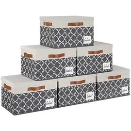 PFFVRP Large Storage Bins with Lids, Foldable Fabric Storage Baskets with Lids 6-Pack, Sturdy Storage Boxes with Labels and 3 PU Handles for Closet Home Bedroom Office (26L, Grey Plaid&White)
