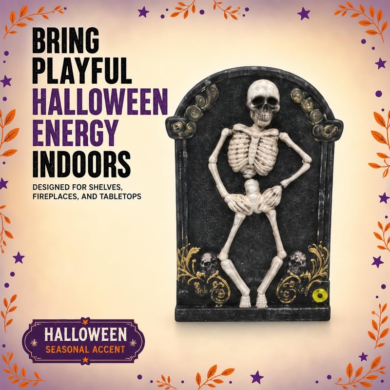 Halloween Skeleton Tombstone Figurine - Spooky Graveyard Indoor Decor Prop