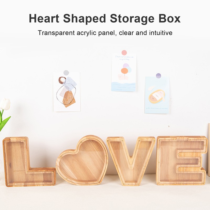 Heart Shaped Storage Box Transparent Acrylic Panel Wooden Display Case