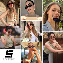 SCVGVER Oval Sunglasses for Women Men, 90s Skinny Sun Glasses, Tiny Retro Shades, UV400 Protection(Tortoiseshell Frame - Green Lens + Black Frame - Brown Lens)
