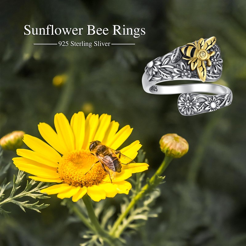 BEILIN Sunflower Bee Rings 925 Sterling Silver Spoon Ring Vintage