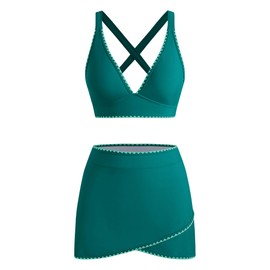 ZAFUL Women's High Waisted Bikini with Skirt Whip Stitch 2 Piece Swimsuits Tummy Control Bathing Suit 0-Green S