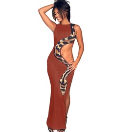 Women's Fashion Snakeskin Printed Hollow Out Maxi Dress Sexy Sleeveless High Split Bodycon Dress Party Club Long Dresses Brown