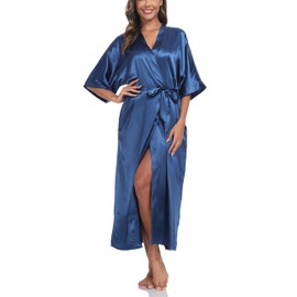 Women's Long Kimono Robes Soft Long Silky Satin Bathrobe Bridal Bridesmaid Party Robes Wedding Loungewear Navy