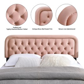 Beyetsea Upholstered Tufted Pink Full Size Headboard Only,Padded Velvet Modern Headboards for Adjustable Bed,Fabric Wall Mount Head Board with Nailhead Trim,Easy Install