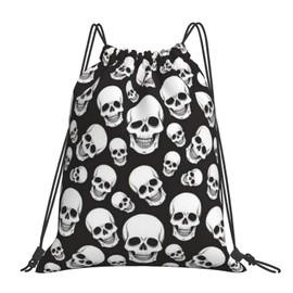 Richugui Cool Skull Drawstring Backpack Gym Bag for Women Men Black String Cinch Bag Lightweight for School Travel Sport Yoga