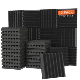 12 Pack Acoustic Foam Panels, 2" X 12" X 12" Sound Proof Foam Panels for Wall, High Density and Fire Resistant Acoustic Panels, Sound Proofing Padding for Studio, Office, Gaming Room (Black)