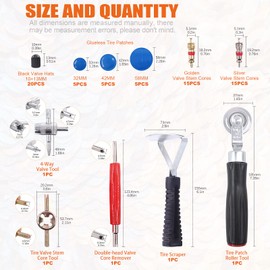 Rustark 70Pcs Tire Patch Repair and Valve Stem Removal Tool Kit, Tire Scraper, Tire Valve Stem Cores and Caps, Valve Stem Removal Tools, Tire Repair Stitcher, Tire Repair Patches for Punctures