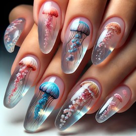 Ocean Press on Nails Medium Fake Nails Colorful Jellyfish False Nails Almond Nail Tips Cute Marine Life Nails Press ons Full Cover Glue on Nails Acrylic Stick on Nails for Women 24Pcs
