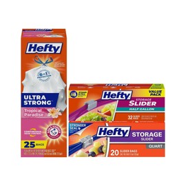 Hefty Ultra Strong Tall Kitchen Bags, Tropical Paradise, 25CT, + Storage Slider Bag 40CT + Freezer Slider Bag 25CT (Variety Pack)