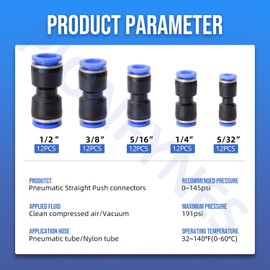 PIONFYNES 60PCS Straight Push Connectors Quick Release Plastic Push to Connect Fittings Kit 5/32" 1/4" 5/16" 3/8" 1/2" inch Quick Connect Air Hose Fittings