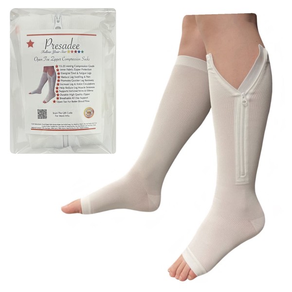 Presadee Open Toe 15-20 mmHg Moderate Compression Leg YKK Zipper White Socks (1)