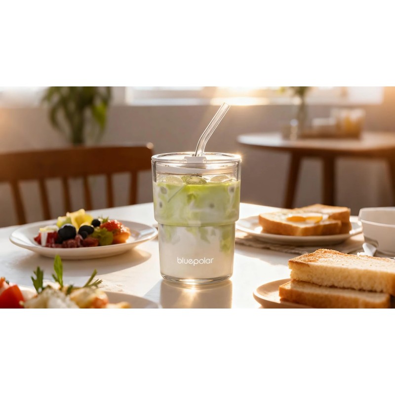 BLUEPOLAR 13oz/400ml Glass Water Tumbler with Straw and Lid Sealed