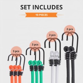 INTAKO Bungee Cord with Hooks – Set of 10 – 8 mm 35 kg Load Capacity per Expander – Rubber Tensioner for Tarpaulin Attachment – for Car, Bicycle and Motorcycle