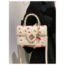 QWINEE Women's Cherry Print Top Handle Satchel Purses Retro PU Leather Crossbody Bags White One Size