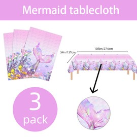 3Pcs Mermaid Birthday Party Tablecloth Decorations,Disposable Plastic Table Cover for Princess Under The Sea Baby Shower Themed Kids Birthday Party Supplies,108x54 Inch