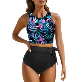 Aqua Eve - Conjunto de bikini de cintura alta para mujer, traje de baño de dos piezas, traje de baño de cuello alto