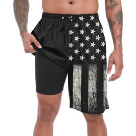 Mens Swim Trunks with Compression Liner, Vintage Black USA Flag Mens Bathing Suit Mens Swimming Trunks 9 inch inseam Mens Board Shorts Swimwear, 4 Way Stretch Beach Shorts Quick Dry Swimsuits, M