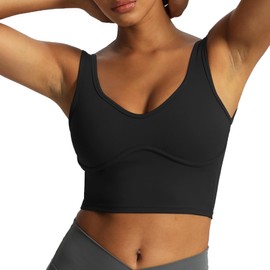 Aoxjox Women's Workout Brooke Tank Crop Curve Longline Fitness Sports Bras Padded Training Gym Bra Yoga Top, Black, X-Large