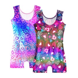 Snowheart Gymnastics Leotards for Girls - 2 Pack of Sparkly One-Piece Pro Kids Unitard Biketards with Shorts for Ages 2-9
