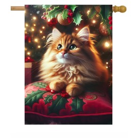 Pickako Christmas Cute Cat on Cushion Christmas Holly Berries Gifts Winter Holiday Garden Flag 28 x 40 Inch, Double Sided Outdoor Decorative Welcome Yard Flags for Home House Lawn Patio