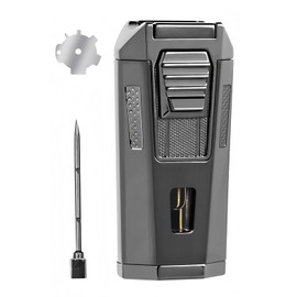 All-in-One Torch Lighter Adjustable Windproof 2 Jet Flame Lighters for Travel with Punch, Holder, and Draw Enhancer Tool, Refillable Butane Design Gas Lighters Gift for Men(Butane not Included)(Black)