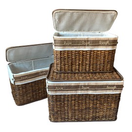 GUTZ Handcrafted Wicker Set of 3 Storage Handwoven Rattan Footlocker Basket Chest Home Organizers with Lids, Handles, Cloth Liner and Coconut Buttons, Jute Rope, and Raffia Weave Accent