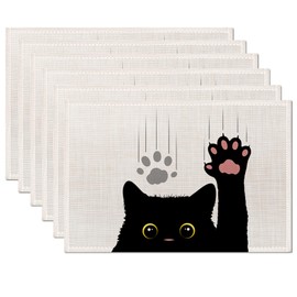 Cute Black Cat Placemats Set of 6,Table Mats Non-Slip Heat Resistant Washable Placemat for Party Kitchen Dining Table Decoration Indoor Outdoor