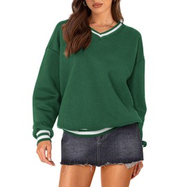 PRETTYGARDEN Women's Oversized Sweatshirts Casual Long Sleeve Stripes Knit V Neck Pullover Top Fall Teens Preppy Clothes(Green,X-Large)