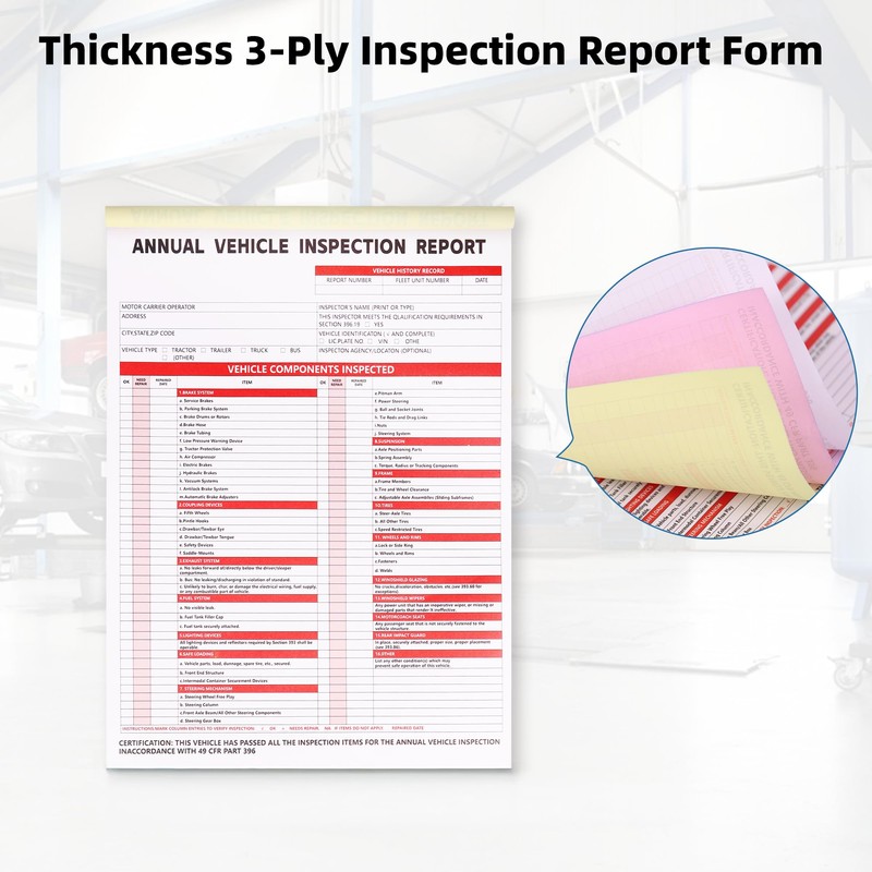 15-Pack Annual Vehicle Inspection Report Form, 3-Ply Carbonless Form and