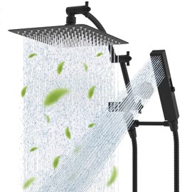 Hibbent All Metal CUPC Certified 10'' Rainfall Shower Head, Dual Shower Head Combo, High Pressure Handheld 4 Sprays Shower Wand, 16'' Adjustable Extension Arm, 71'' Hose, Shower Holder, Matte Black
