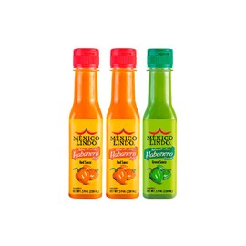 Mexico Lindo Hot Sauce Variety Pack Display with 2 Red Habanero, 1 Green Habanero, 5 fl oz, Pack of 3