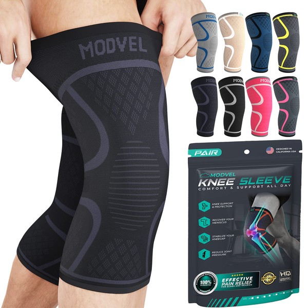 Modvel Knee Compression Sleeve for Knee Pain Relief & Knee Support - Pack of 2 Knee Sleeves for Women & Men, 1 Pair of Knee Brace for Running, Workout, Sports, & Injury Recovery - X-Large, Black/Gray