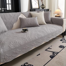 vctops Cotton Quilted Couch Cover Farmhouse Counrty Floral Embroidered Sofa Cover Non Slip Soft Scalloped Sofa Slipcover Washable Furniture Protector for Dog Pet Cat (Grey,28"x28")