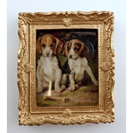 Dolls House Miniature Beagle Puppies Picture Painting Gold Frame