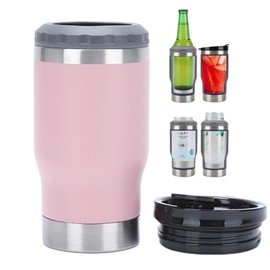 4 in 1 Travel Mug and Can Insulator for 12 oz Can and Beer Bottle. Stainless Steel Vacuum Insulated Cup and Thermocooler. (Pink)