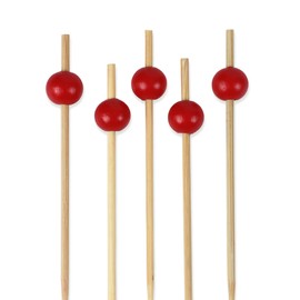 BambooMN Decorative Ball End Cocktail Fruit Sandwich Picks Skewers for Catered Events, Holiday's, Restaurants or Buffets Party Supplies - 4.7" Red, 100 pcs