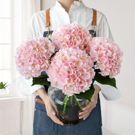 JINWOE Pink Flowers Silk Artificial Hydrangeas, 4Pcs 22" Lifelike Large Silk Flowers with Stems, Artificial Flowers for Wedding Bouquet Table Centerpieces Outdoor Home