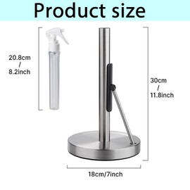2 in 1 Stainless Steel Paper Towel Holder with Refillable Spray Bottle, Freestanding Tissue Rack with Suction Base & Weighted Arm, Kitchen, Dining – Compact & Stable Design
